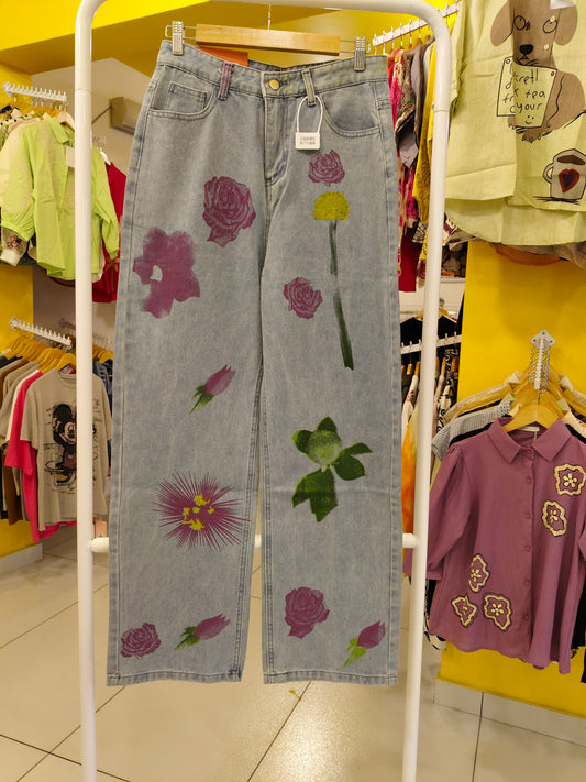 Ladies Wide Leg Denim Handpainted Jeans For Women (3XL)