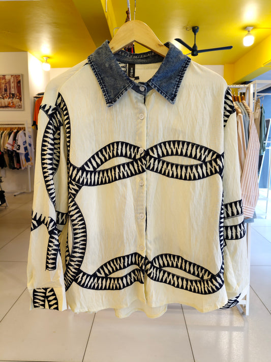 Embroidered  Denim Collared Shirt for Women (FREE SIZE)